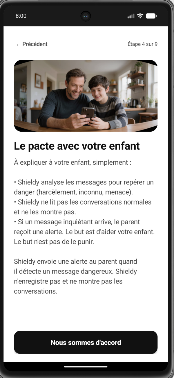 Écran « le pacte » de l'application Shelkid